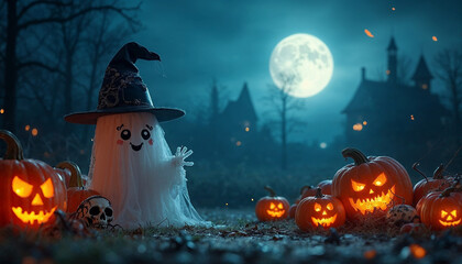 Happy Halloween day poster or banner vector template. Halloween big moon, pumpkin ghost, wizard hat, cute ghost, cartoon skull, spider web and realistic 3d design plastic style halloween elements