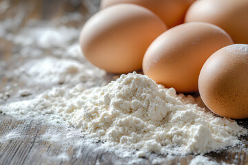 Fototapeta premium Pile of flour and eggs on a wooden table. The eggs are in various stages of cooking, with some still raw and others already cooked. The flour is spread out on the table