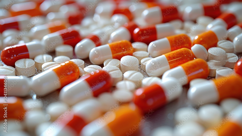 Poster a close-up view of assorted capsules and tablets scattered on a surface, showcasing various shapes a