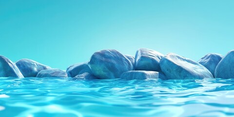 Fototapeta premium Wet stones on a beach with turquoise waters, Smooth stones on a shoreline with clear blue water