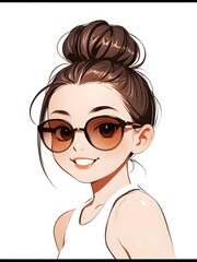 Stylish anime girl with high bun and sunglasses smiling
