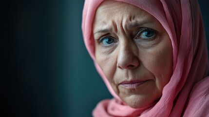 A older woman with cancer, wearing a pink scarf, looks directly into the camera Breast Cancer support