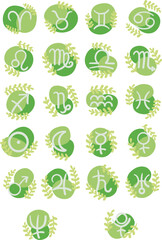 Astrological symbols with green fern and banner for decoration on sign of zodiac and horoscope concept.