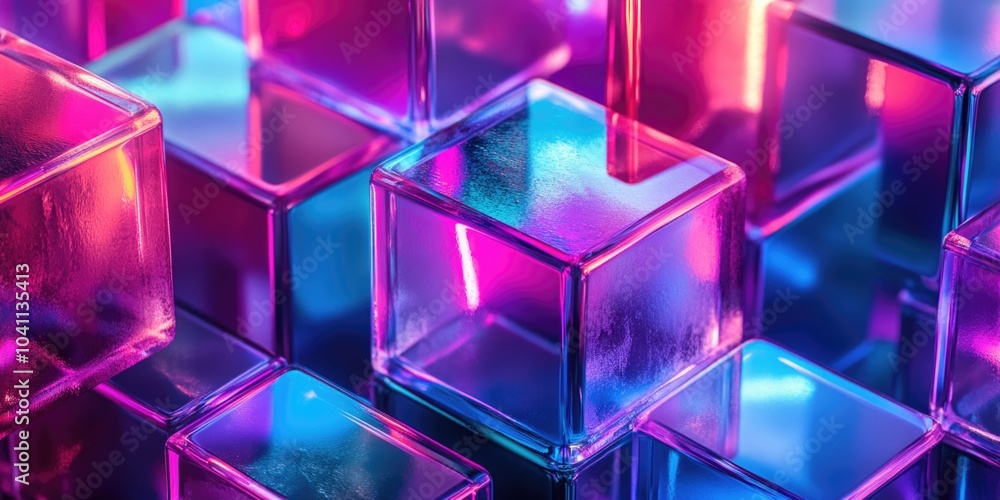 Poster close-up view of a cluster of glass cubes with intricate details and reflections