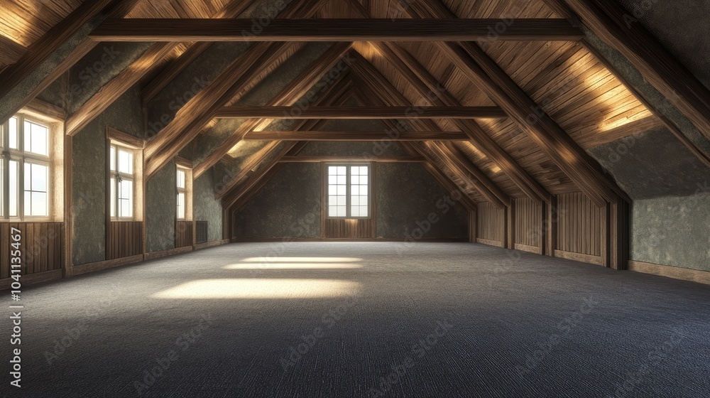 Poster 3d rendering of spacious empty attic rooms following wall and ceiling renovations