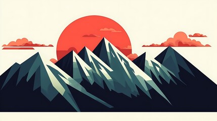 Obraz premium Flat-style mountains during sunset, clean geometric shapes for peaks and hills, soft gradient sky from orange to pink, abstract cloud formations, sharp silhouettes, calm and peaceful atmosphere,