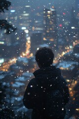 Naklejka premium Silhouette of a Person in a Snowstorm with City Lights in the Background