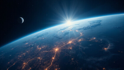 Obraz premium A nighttime perspective of Earth from space, focusing on the vibrant city lights twinkling across the surface. The atmosphere has a soft glow, and stars shine brightly in the background