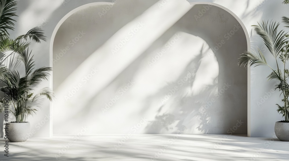 Poster luxury summer architectural interior with an abstract white studio backdrop featuring natural leaf s