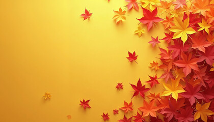 Autumn sale banner featuring 3D paper cut art of vibrant red, orange, and yellow tree leaves arranged artistically on a bright yellow background. The design conveys a festive fall theme
