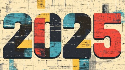 Bold text 2025 in large numbers with a vintage grunge-style texture on a cream-colored background