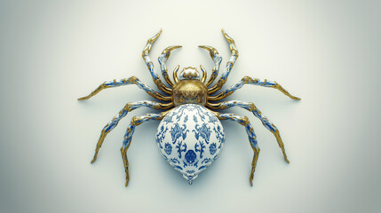 Obraz premium A spider made of white and blue gothic porcelain, rococo style, shiny gold