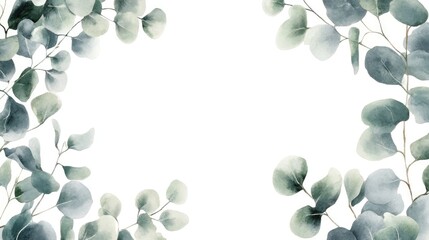 Watercolor frame featuring hand drawn eucalyptus branches in a botanical illustration on a white background