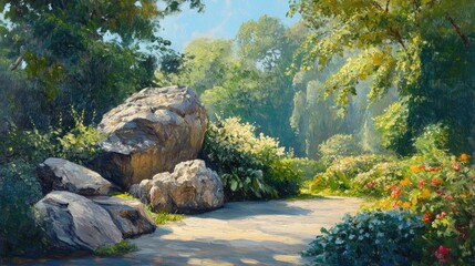 Oil painting depicting a rock formation in a lush garden featuring an empty area suitable for nature themed content
