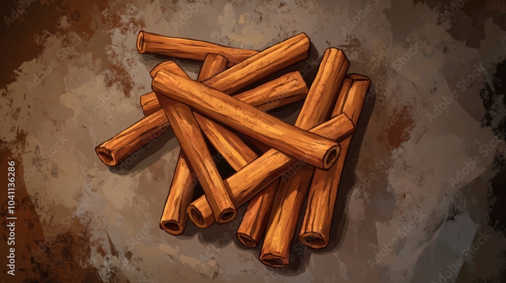 Aufkleber cinnamon sticks arranged in a pile on a textured background viewed from above