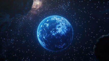 Obraz premium Beautiful blue planet Earth with a blue glow surrounded by a starry sky and the Milky Way in 3D cartoon rendering during sunrise in space