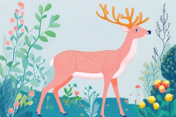 Illustration of a Reindeer in a Natural Landscape