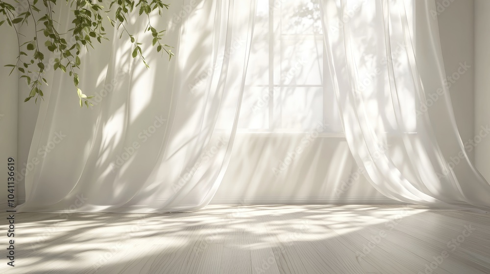 Poster 3d rendering of a bright empty room with white walls featuring sunlight streaming through a window s