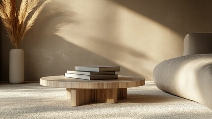 3D rendering of a minimal natural wood grain coffee table podium with a stack of books and a gray leather cushion sofa bathed in sunlight against a beige brown wall featuring a cream carpet floor 