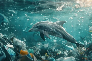 Obraz premium A dolphin swims through a sea of trash, highlighting the impact of pollution on marine life