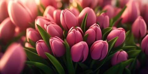 Fototapeta premium Pink tulips arranged on a white backdrop, featuring a bouquet of vibrant pink blooms complemented by lush green leaves, Pink tulip bouquet on white background with green leaves