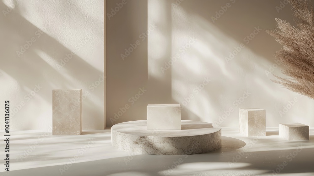 Poster empty white marble pedestal on a soft beige background minimalist boxes and geometric shapes create 