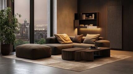 Contemporary living room interior in dark beige tones featuring a sofa pouf wooden coffee table and a decorative shelf complemented by a panoramic window showcasing a cityscape 3D rendering