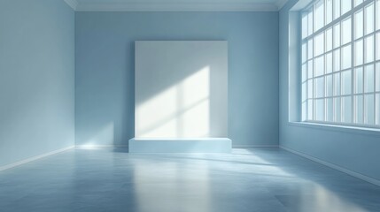 3D rendering of an empty room showcasing a blank stand with a blue pastel color theme for interior design