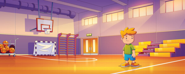 Cheerful boy standing in school gym ready for sports. Cartoon vector illustration of spacious exercise room with stacked basketball balls and hoop, soccer goal gate, benches and activity equipment.