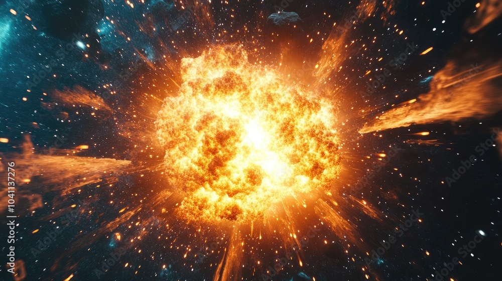 Poster a supernova explosion with visible bright light and shockwave in a 3d cartoon rendering