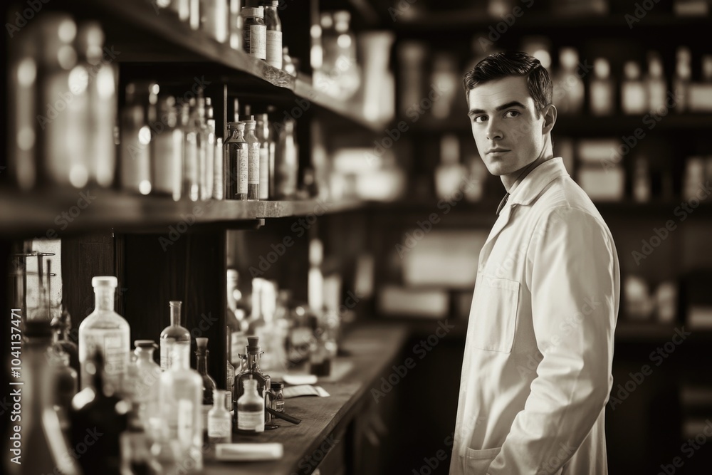 Poster a scientist in a white lab coat stands in front of a shelf filled with various bottles, perfect for 