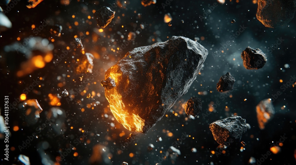 Poster high resolution set of isolated asteroids and meteorites in a 3d cartoon rendering on a black backgr