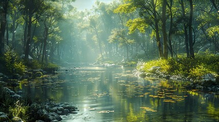 Fototapeta premium Serene Forest River Landscape - Tranquil Nature Scenery