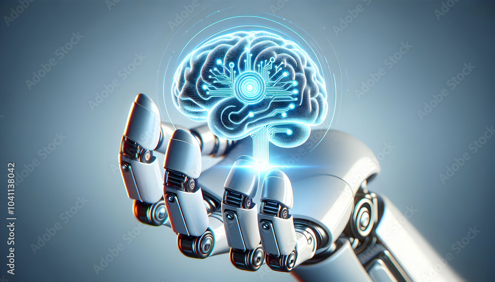 Aufkleber 3d macro shot robotic hand glowing ai brain icon close-up precision technology mastery ai developmen