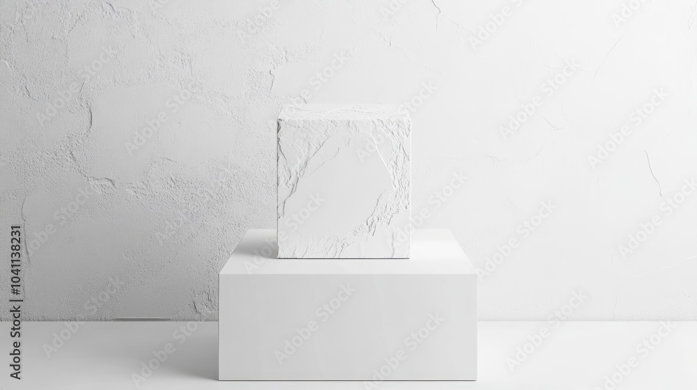 Poster white display pedestal with a box on a white background featuring a cube shape 3d rendering of a whi