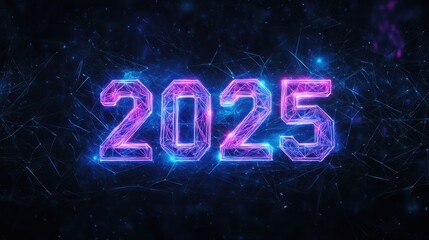 2025 in glowing purple against a dark background with an interconnected light trail streaks network. High-tech ambiance 2025 New Year concept background
