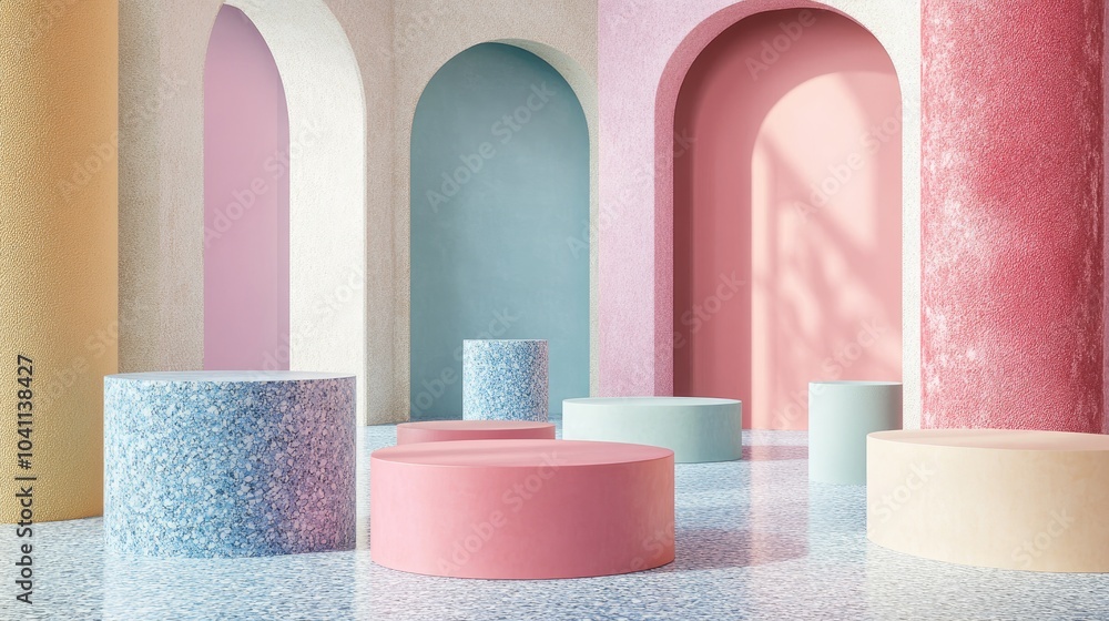 Poster 3d rendered cylindrical podiums on the floor featuring geometric shapes and platforms for product di