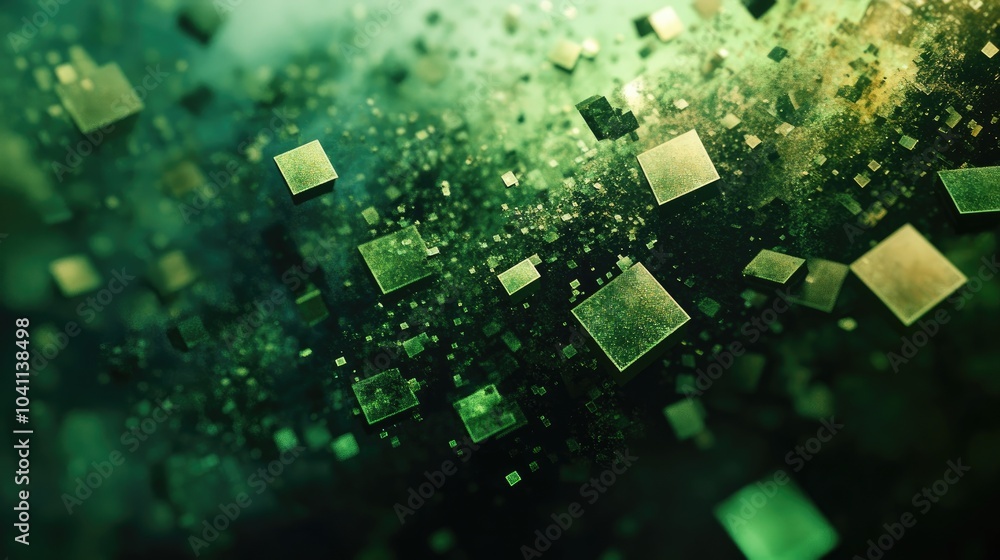 Poster abstract green square bokeh on a black background created using 3d cartoon rendering fantasy fractal