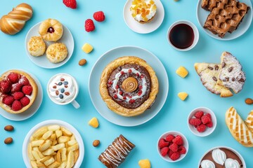 A variety of colorful desserts and pastries arranged on a blue surface, perfect for bakery or cafe advertising