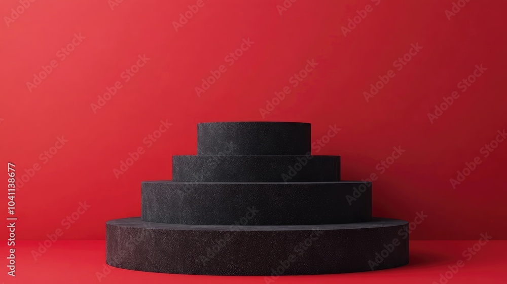 Poster pastel black cylindrical podium with steps set against a red background 3d rendering of an abstract 