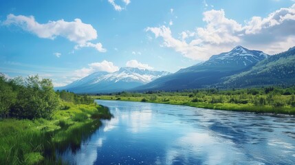 Vibrant spring or summer landscape featuring lush green forests, flowing rivers, majestic mountains, snow-capped peaks, and a clear blue sky with fluffy white clouds.


