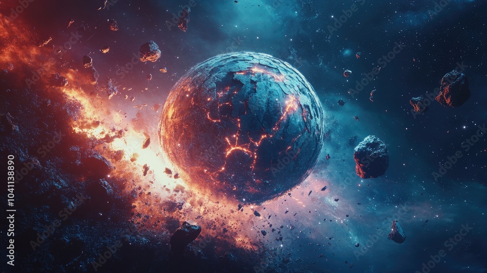 Poster fantasy 3d rendering of a shattered planet in deep space featuring asteroids and solar flares showca