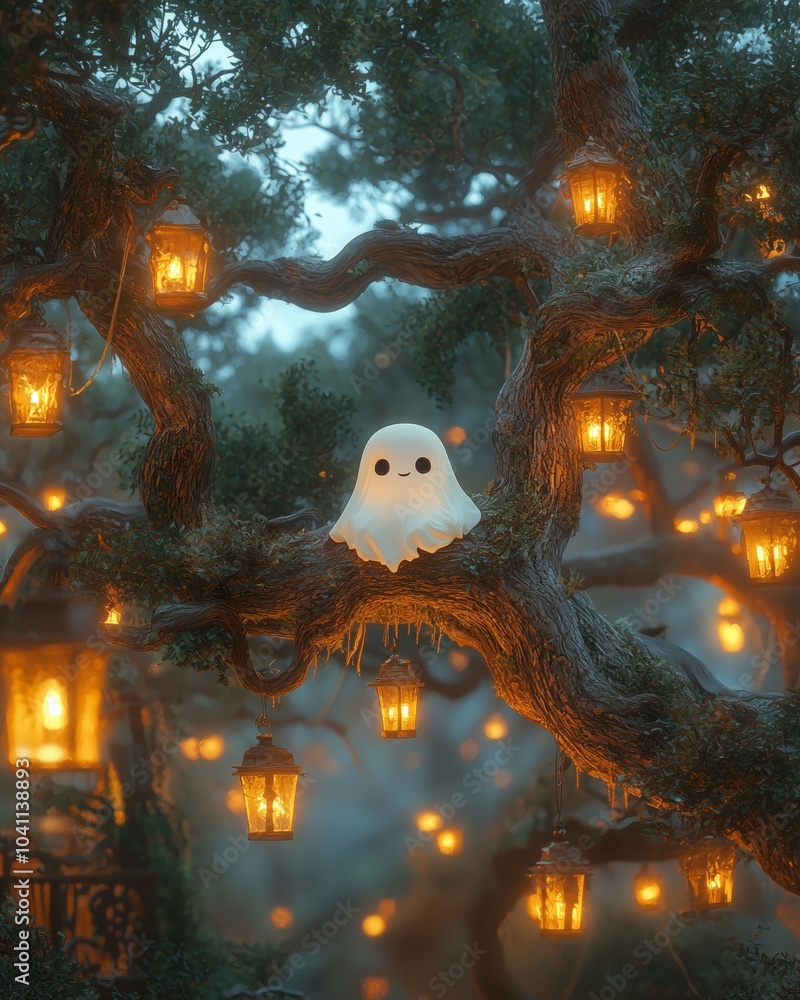 Poster Friendly Ghost Sitting on a Tree Branch at Twilight