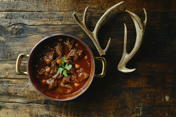 A bowl of hearty stew served with deer antlers as garnish, perfect for a rustic dinner or outdoor themed setting