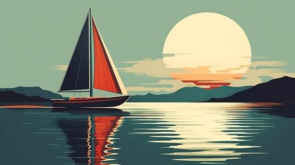 Fototapeta premium Flat-style sailboat on a calm lake, smooth water reflecting the sky, simple geometric design with clean lines, soft gradients in the sky, peaceful and quiet setting, hd quality.