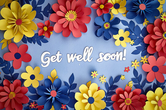 "Get well soon!" text written on the sticker with flowers background