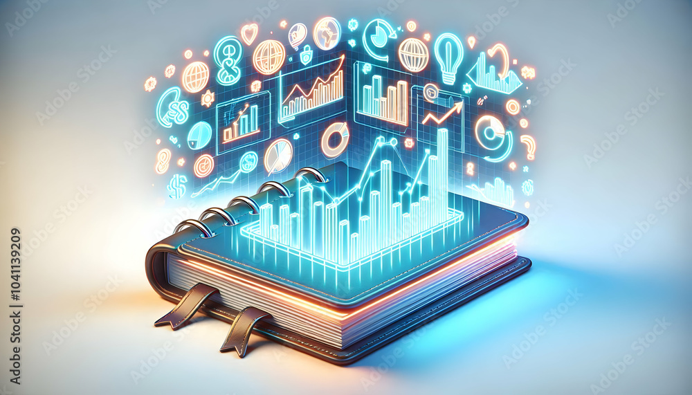 Poster 3d holographic notebook glowing market budget charts concept icon isolated white background ample co