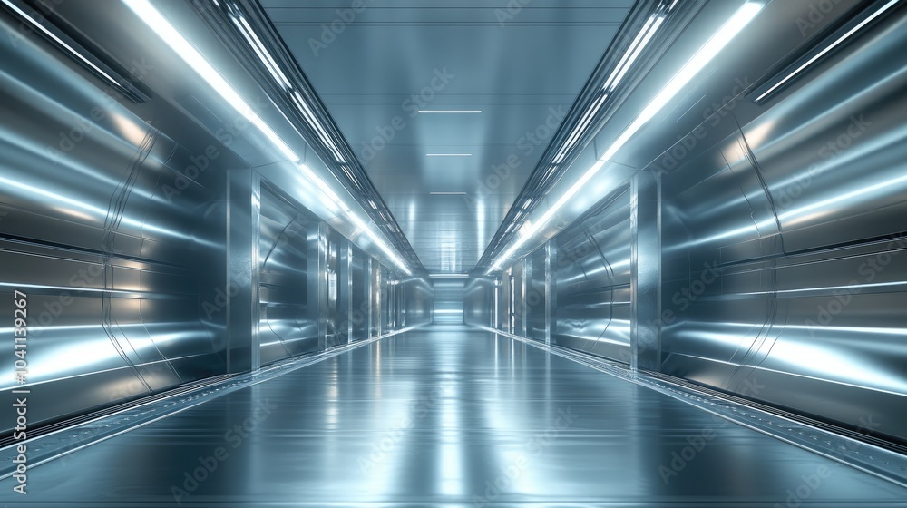 Poster 3d rendering of an abstract metallic scene featuring a futuristic empty floor and room with a sci fi