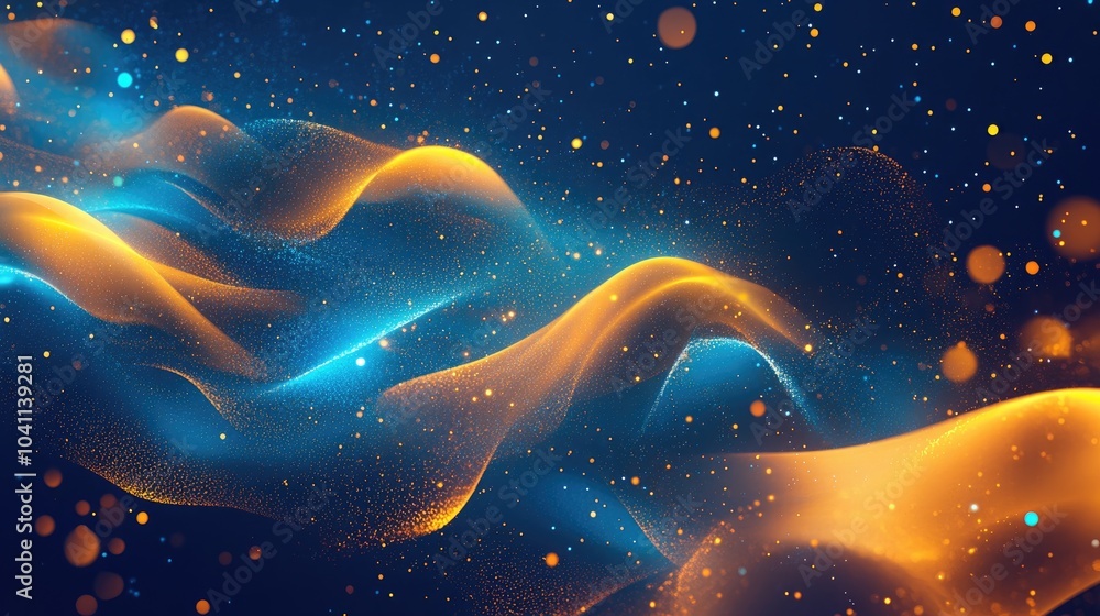 Poster abstract futuristic background with blue and yellow waves lightning and energy field sparkling parti