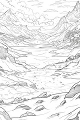 Coloring book illustration of a serene snowy landscape featuring alpine lakes surrounded by a majestic mountain range under a blue sky with clouds Highlights include glacial lakes sparkling white s